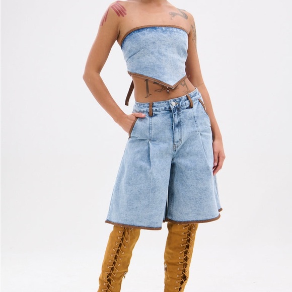 AKIRA Light Blue Jean Shorts with Brown Trim - Picture 2 of 2